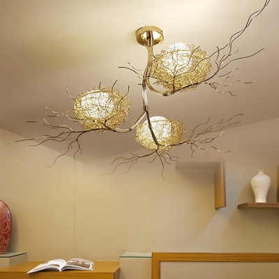 3 Lights Branch Hanging Ceiling Light with Metal Nest and Egg White Glass Shade Modern Suspension Light