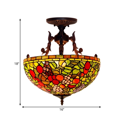 3 Lights Semi Flush Light Victorian Blossom Stained Art Glass Ceiling Mounted Fixture in White/Red/Yellow