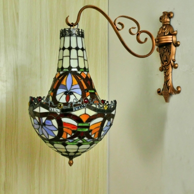 3 Lights Wall Lamp Mediterranean Beige/Yellow/Orange Stained Glass Sconce Light Fixture for Kitchen