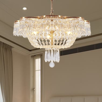 4 Heads Crystal Strand Ceiling Light Traditional Gold Cloche Bedroom Hanging Chandelier