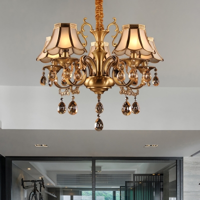 5/6/8 Heads Flared Chandelier Lamp Colonial Frosted Glass Ceiling Hanging Light in Gold with Amber Crystal Teardrop