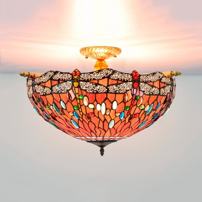 5 Heads Living Room Ceiling Mounted Fixture Tiffany Blue/Red Flush Mount Lamp with Dragonfly Stained Glass