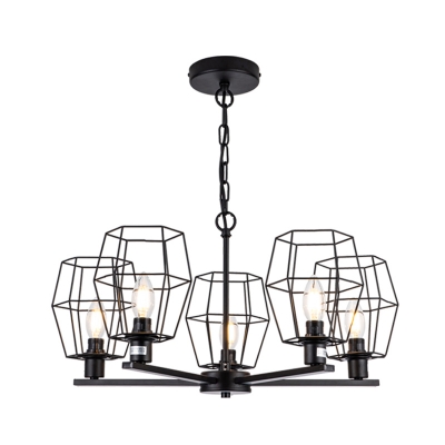 5 Lights Metal Chandelier Lamp Vintage Black Caged Living Room Ceiling Light Fixture