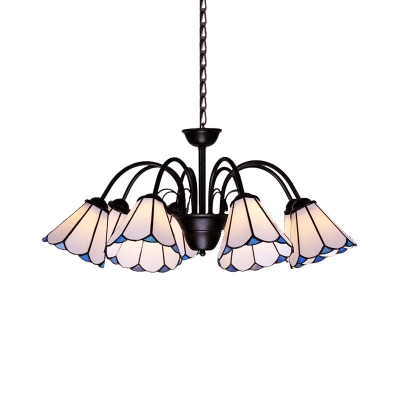 6/8 Lights Hanging Chandelier Mediterranean Conical Stained Art Glass Pendant Ceiling Light in Black