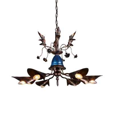 6-Light Bell Chandelier Traditional Blue Iron Hanging Pendant with Brown Conical Shade