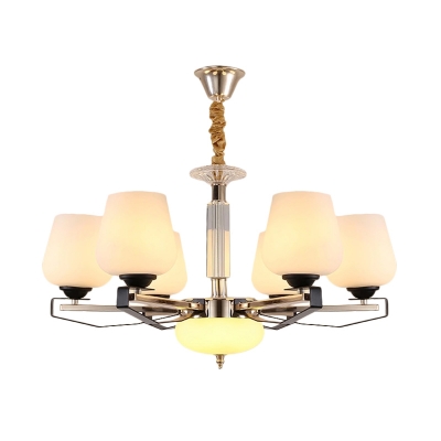 6 Lights Bedroom Chandelier Lamp Modern Style White Hanging Light with Tapered Cream Glass Shade