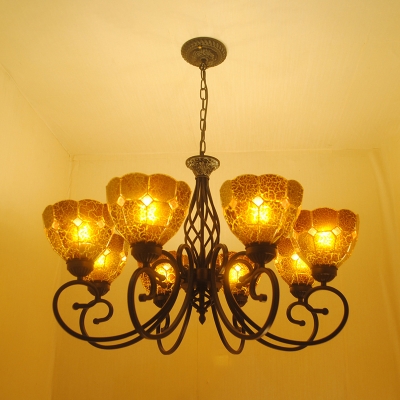 8 Lights Domed Shade Chandelier Light Tiffany Gold Crackle Glass Pendant Lighting Fixture for Living Room