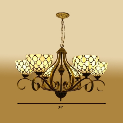 Beige 3/6/8 Lights Ceiling Chandelier Tiffany Stained Glass Grid Patterned Hanging Lamp Kit, 25.5