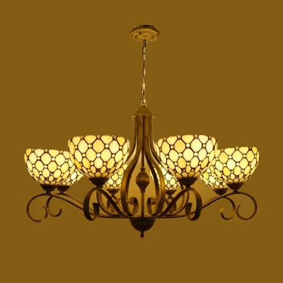 Beige 3/6/8 Lights Ceiling Chandelier Tiffany Stained Glass Grid Patterned Hanging Lamp Kit, 25.5