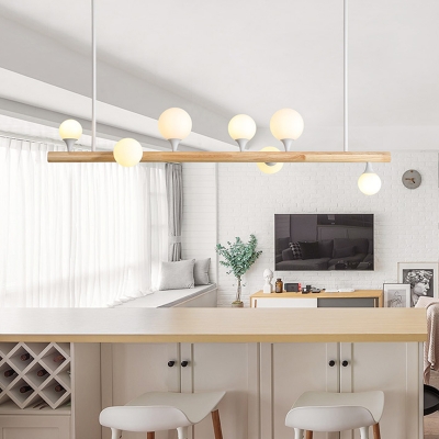 Beige Straight Island Light Asia 7 Heads Wood Pendant Lighting Fixture for Dining Room