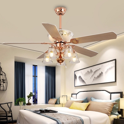 Bell Clear Glass Ceiling Fan Vintage 5 Bulbs Bedroom Semi Flush Light in Rose Gold