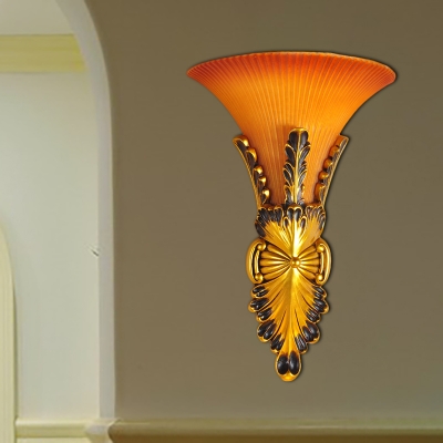 Bell Shade Hallway Wall Mounted Light Vintage Yellow Glass and Resin 1 Head Bronze/Gold Finish Wall Sconce