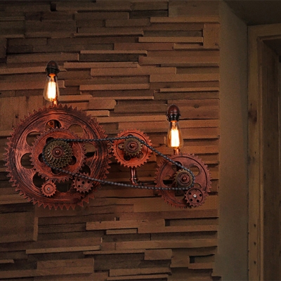 Bicycle Gear Sconce Light Fixture Antiqued Iron 2 Lights Open Bulb Wall Sconce Light Fixture for Coffee Shop