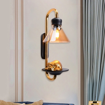 Black Cone Sconce Lighting Rural Amber Glass 1 Bulb Living Room Wall Mounted Lamp with Dog Dec toward Right/Left Hand