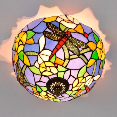 Brass 2 Bulbs Ceiling Mount Light Fixture Tiffany Hand Rolled Art Glass Dragonfly Flush Mount Lighting