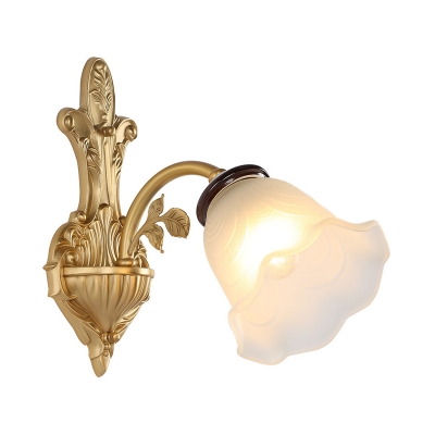 Brass Curved Wall Light Sconce Classic Stylish 1/2-Head Bedroom Wall Lamp with Milky Glass Petal Shade