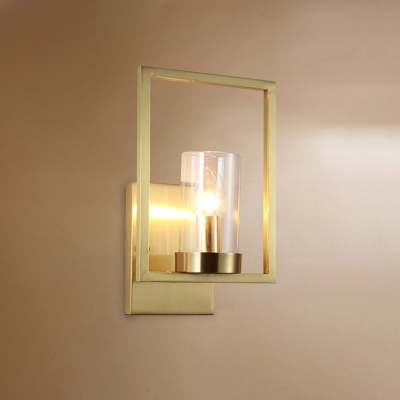 Brass Cylindrical Wall Sconce Contemporary 1 Bulb Clear Glass Wall Light Fixture with Frame