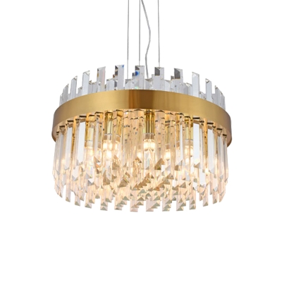 Brass Round Ceiling Chandelier Contemporary 5 Heads Faceted Crystal Hanging Pendant Light for Dining Room
