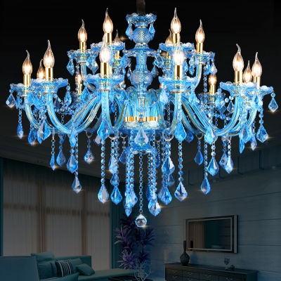 Candle/Cone Chandelier Light Fixture Modern Beveled Crystal Prism 8/18 Bulbs Blue Ceiling Pendant Light with Shade/Shadeless, 28