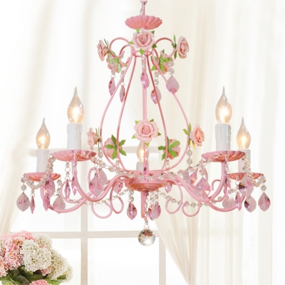 Candle Living Room Ceiling Chandelier Traditional K9 Crystal 3/5/8 Heads Pink Hanging Light Fixture