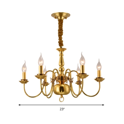 Colonial Candle Hanging Pendant 6 Heads Metal Chandelier Lighting Fixture in Gold for Living Room