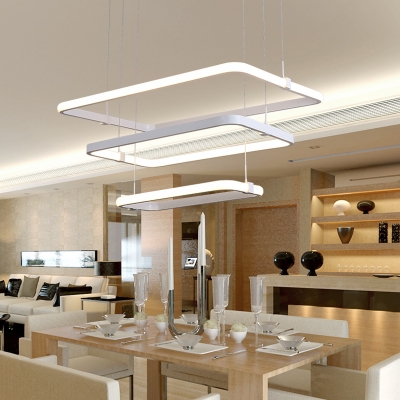 Contemporary LED Chandelier Lighting White 3 Tier Rectangular Hanging Ceiling Lamp with Metal Shade in White/Warm Light