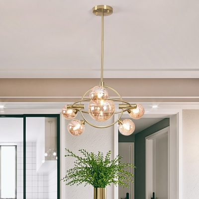 Contemporary Round Chandelier Light Amber Glass 6 Heads Living Room Pendant Lighting Fixture