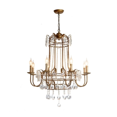 Crystal Beaded Ceiling Chandelier Traditional 6 Heads Hanging Light Kit in Brass for Bedroom
