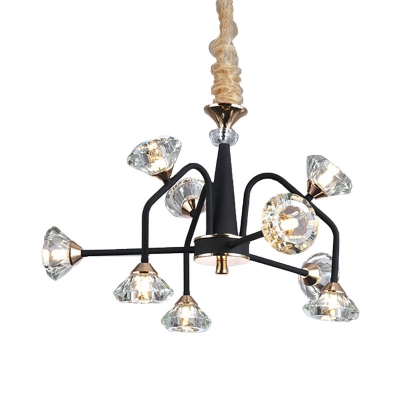 Curve Arm Pyramid Crystal Ceiling Light Traditional 9/12 Heads Bedroom Semi Flush Mount Fixture in Black