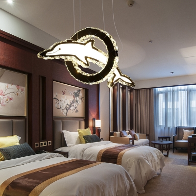 Dolphin Chandelier Lamp Modernist Cut Crystal LED Chrome Ceiling Hanging Light in White/Warm/Neutral Light