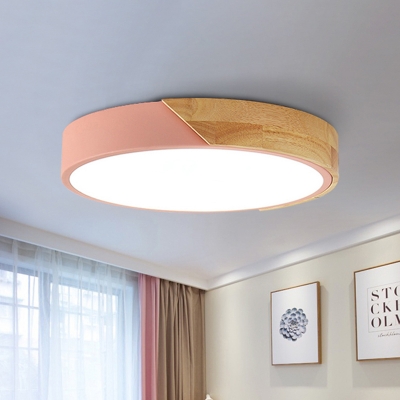 Drum Flush Mount Light Fixture Macaron Metal White/Pink LED Ceiling Lamp for Bedroom, 12