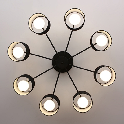 Drum Shaped Semi Flush Mount Fabric 8 Lights Black/White/Flaxen Ceiling Mounted Fixture for Bedroom