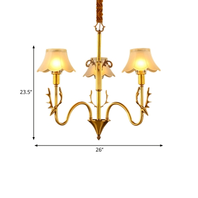 Gold 3/5/6 Bulbs Chandelier Light Colonialist Frosted Glass Ruffled Edge Suspended Lighting Fixture with Elk