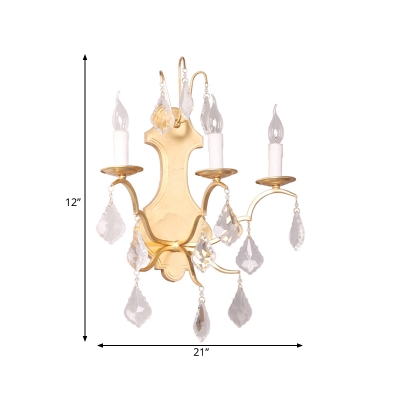 Gold 3 Light Sconce Light Fixture Countryside Metal Candle Wall Lamp with Crystal Droplet