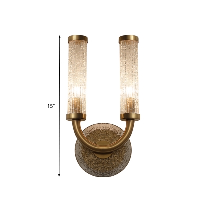 Gold Cylinder Wall Mount Light Fixture Traditional Crackle Glass 2 Heads Living Room Wall Sconce Lighting