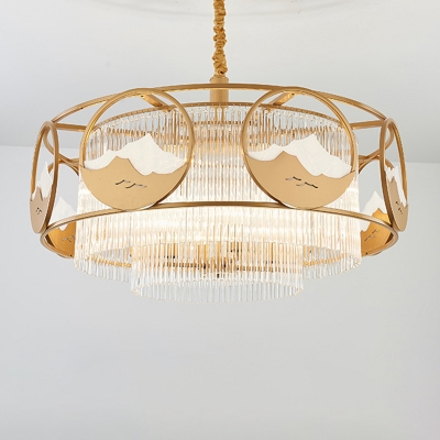 Gold Round/Square Hanging Light Kit Postmodern 8 Heads Crystal Rod Chandelier Light Fixture