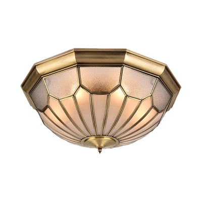 Metal Brass Ceiling Lamp Bowl 6 Heads Traditional Flush Mount Light Fixture with Beveled Glass Shade