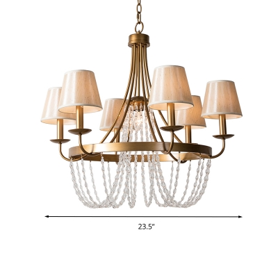 Metal Curved Arm Chandelier Lighting Tradition 6 Bulbs Hanging Ceiling Light in Brass with Tapered Fabric Shade
