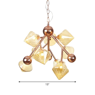 Metal Starburst Pendant Chandelier Modern 9 Heads Rose Gold Hanging Ceiling Light with Amber Glass Shade