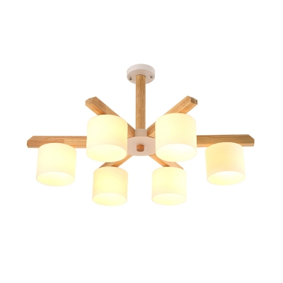 Nordic Style 6/8 Bulbs Chandelier Light with Milky Glass Shade Wood Finish Drum Hanging Light Fixture