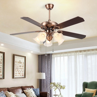 Opaline Glass Oil Rubbed Brass Ceiling Fan Blossom 5 Heads Vintage Semi Flush Light Fixture for Living Room