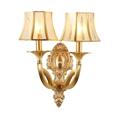 Printed Opaque Glass Wall Mounted Lamp Vintage 1/2-Head Flared Sconce Light with Gold Swooping Arm