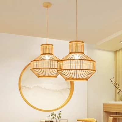 Round Dining Room Suspension Pendant Light Bamboo 1 Light Modern Hanging Lamp in Beige