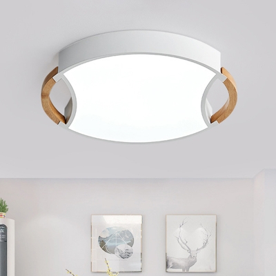 Round Wood Flush Mount Light Contemporary White LED Ceiling Lamp in White/Natural Light, 16