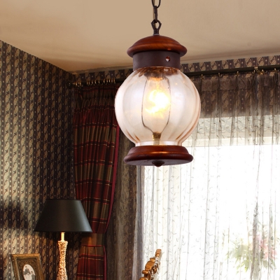 Round Wooden Drop Pendant Traditional 1-Light Brown Hanging Ceiling Lamp with Clear Glass Ball Shade