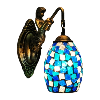Tiffany Dome Vanity Lighting Fixture 1 Light Cut Glass Sconce Light in Blue/Red/Yellow with Mermaid Deco