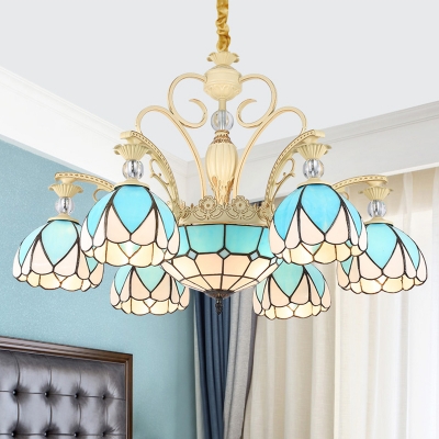 Tiffany Domed Shade Chandelier 3/5/9 Lights Sky Blue Glass Suspension Lighting Fixture for Living Room