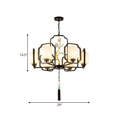 Traditional Cylindrical Hanging Pendant 6/8/10 Heads Milk Glass Chandelier Lighting Fixture in Black for Living Room