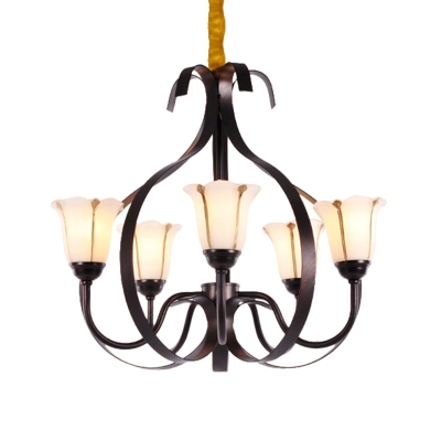 Traditional Petal Chandelier Lighting Opal Glass and Metal 3/5/8 Lights Living Room Hanging Pendant Light in Red Brown