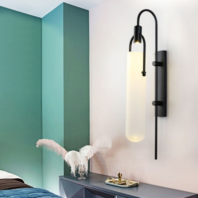 Tubular Sconce Light Modern White Glass 1 Head Black Wall Lighting Fixture with Metal Curvy Arm, 8.5